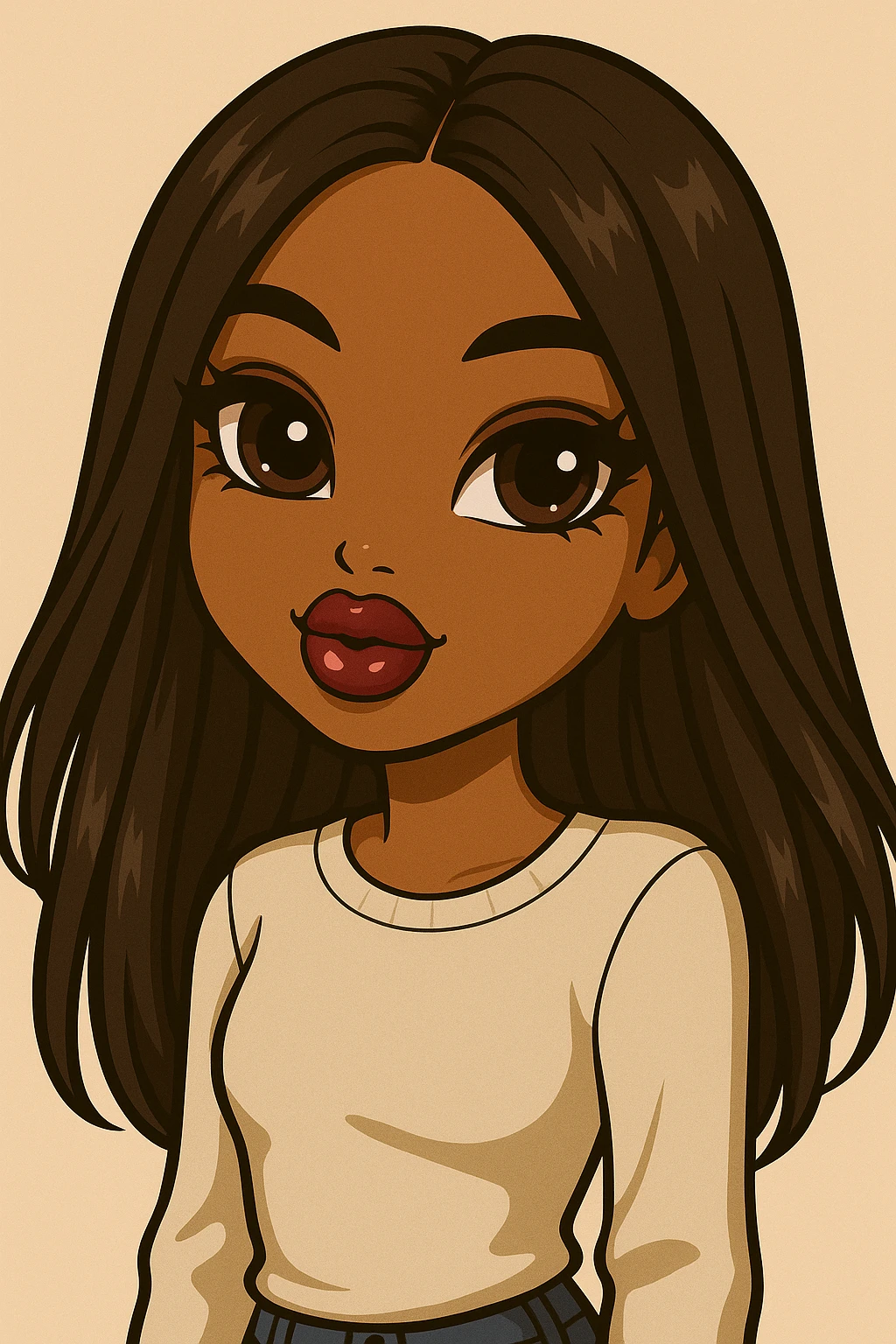 Change her expression to dreamy, headshot only, 20-year-old anime Bratz style woman with dark skin, straight hair, more casual outfit, big expressive eyes, glossy lips, no hat, no tears, looking straight ahead. The style should reflect anime Bratz aesthetics with emphasis on big expressive eyes and glossy lips. emoji