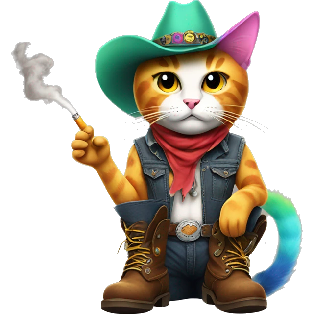 Rainbow cat with a mohawk smoking, a cigarette wearing cowboy boots emoji