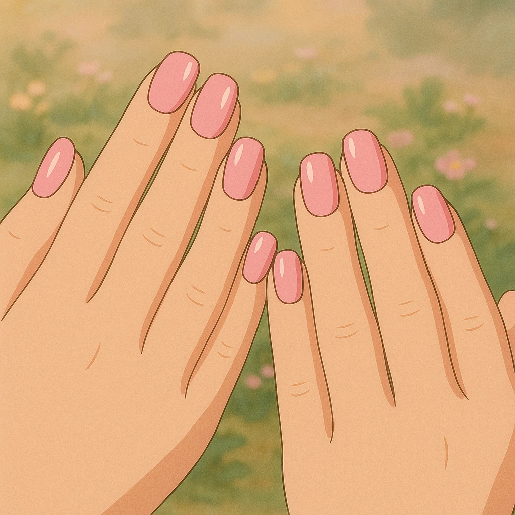 pink cute press on nails on cute hands, ghibli style, charming and whimsical, soft lighting emoji