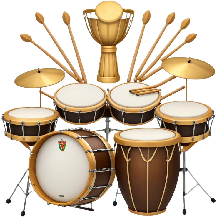 Create a complex, festive, and professional emblem-like emoji representing percussion instruments. The design should resemble a heraldic crest, featuring iconic drums and percussion such as a snare drum, bass drum, timpani, cymbals, marimba, and tambourine, arranged in a balanced and symmetrical composition. Drumsticks should cross elegantly at the center, symbolizing rhythm and energy. A flowing ribbon of musical notes should weave dynamically around the instruments, enhancing the celebratory and grand aesthetic. Ornate elements such as laurel wreaths, swirls, or subtle engravings should emphasize the prestige and importance of percussion in music. The color palette should include rich gold, deep mahogany, and silver, with refined highlights and shading for a polished, three-dimensional effect. The overall composition should be harmoniously structured, visually complete, and suitable as a standalone emblem. The background should be transparent. emoji