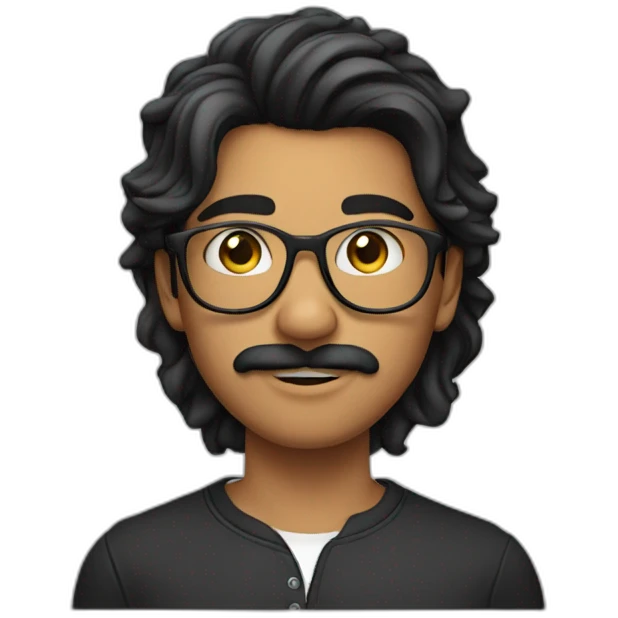 Indian teenager, with moustache and a goatee, with long wavy black hair, wearing glasses emoji