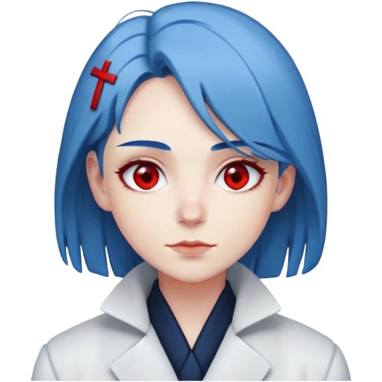 emoji de Personaje con ojos rojos, cabello azulado, ropa oscura y un abrigo blanco, con una sonrisa leve , y una expresión serena, que refleja tranquilidad y seguridad emoji