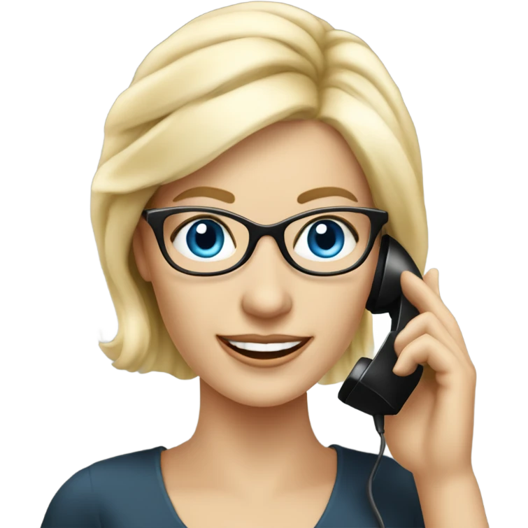 Elegant real blonde lady with glasses happy blue eyes talking on a phone  emoji