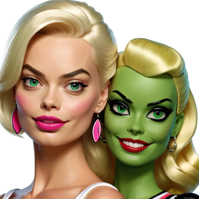 A combination of Margot Robbie as Barbie and Harley Queen (half-face) emoji