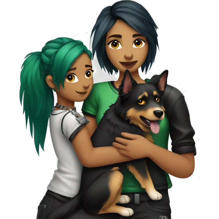 punk girl with green and black hair hugging a german shepard dog and an australian shepard dog emoji