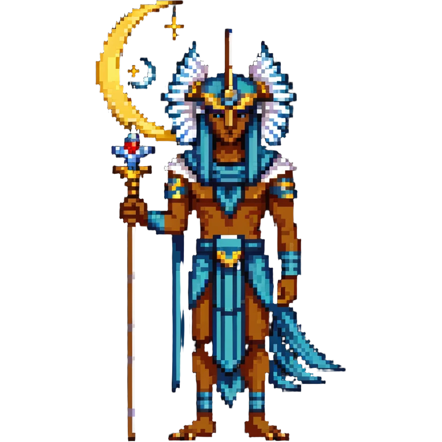 Egyptian moon god Khonsu with falcon head, lunar disk and crescent moon on head, divine staff emoji