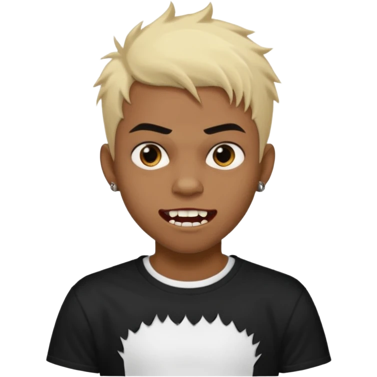 Black Male Teenager with Short punk messy blonde hair, Dark brown bushy eyebrows large expressive golden-brown eyes, wearing a plain white t-shirt, Dark Brown skin color. vampire tooth emoji