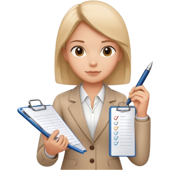 a person holding a checklist and pen, wearing smart casual clothing. The character is in a focused pose emoji