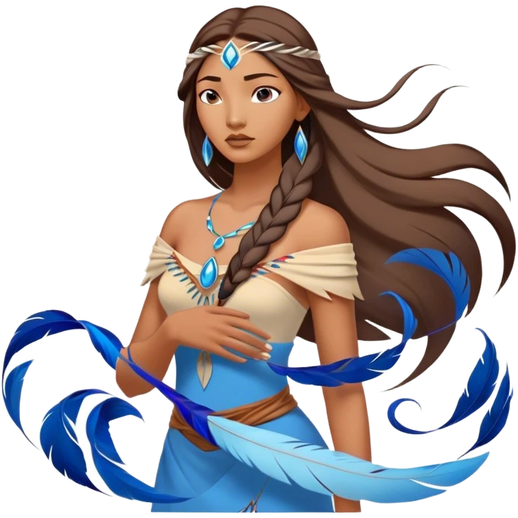 Cinematic Elegant Pocahontas Portrait Emoji, Standing serenely with a blue wind swirl around her, soft feathers in her hair, a tranquil yet powerful gaze, beauty beyond time, an ethereal aura of connection with nature, regal and enchanting! emoji