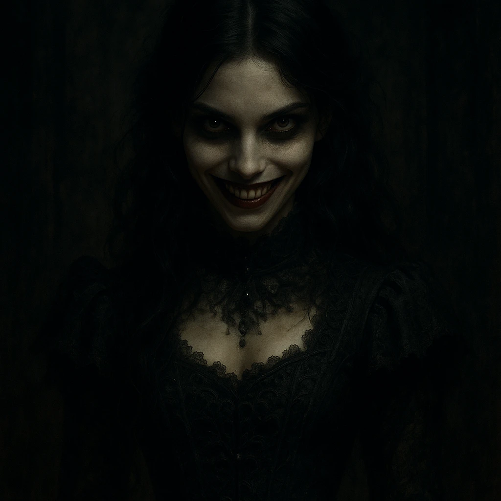 beautiful scary girl, enchanting yet menacing smile, dramatic lighting, supernatural beauty, gothic horror style emoji