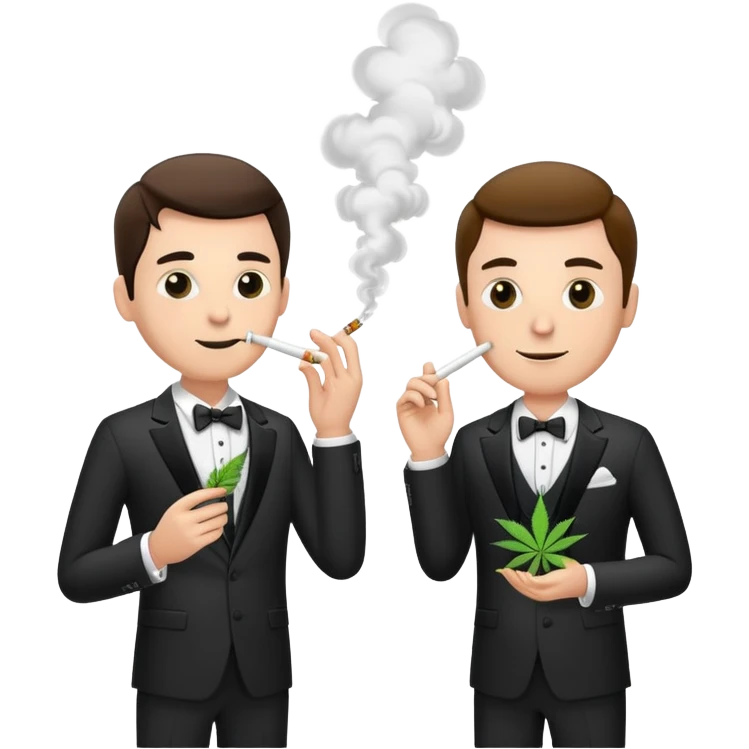 Two well-dressed men in suits crashing a wedding party, smoking cannabis emoji