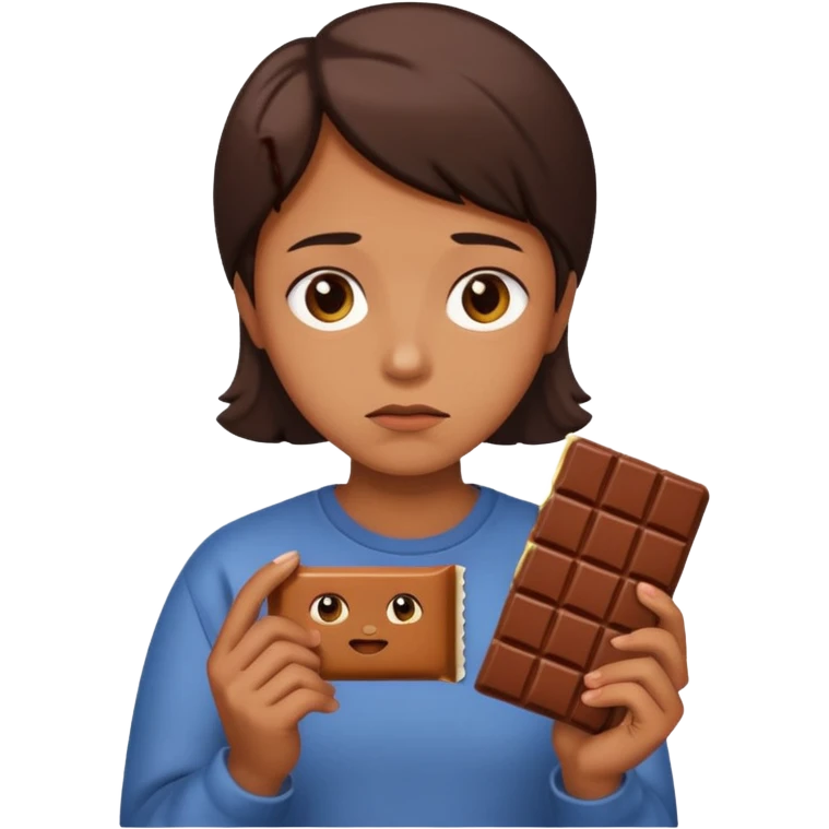 sad person emoji in Apple style holding a chocolate bar in hand, sad facial expression, compact emoji