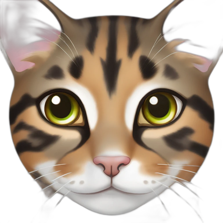 young striped calico cat face with a pink nose, white chin, green eyes, and orange/brown markings emoji