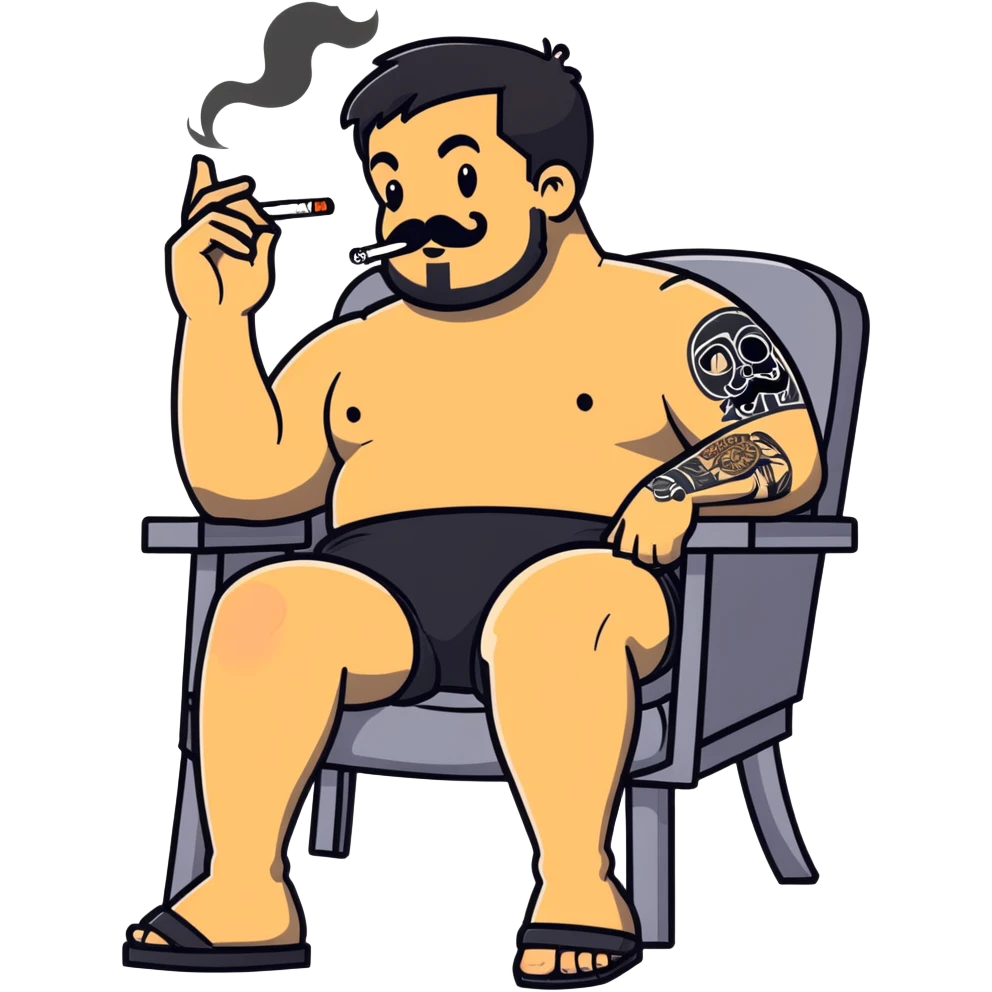 Heavy-set man leaning back in chair with legs spread, smoking cigarette, exposed belly, round face, short black hair, beard with mustache, black t-shirt with light stripes on top portion, sleeves rolled up, black shorts, arms decorated with distinct black graphic tattoo patterns emoji