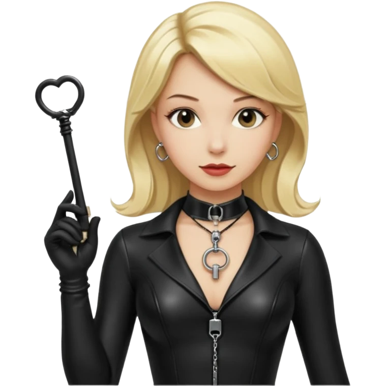 Dominatrix with blonde hair, latex outfit, old fashioned key necklace, and a whip emoji
