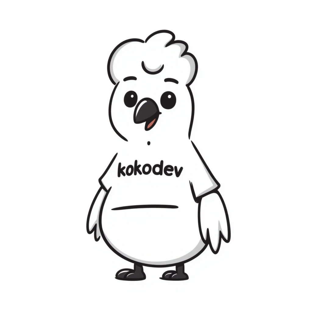 a cartoon pigeon with a t-shirt labeled 'kokodev', cheerful and simple emoji