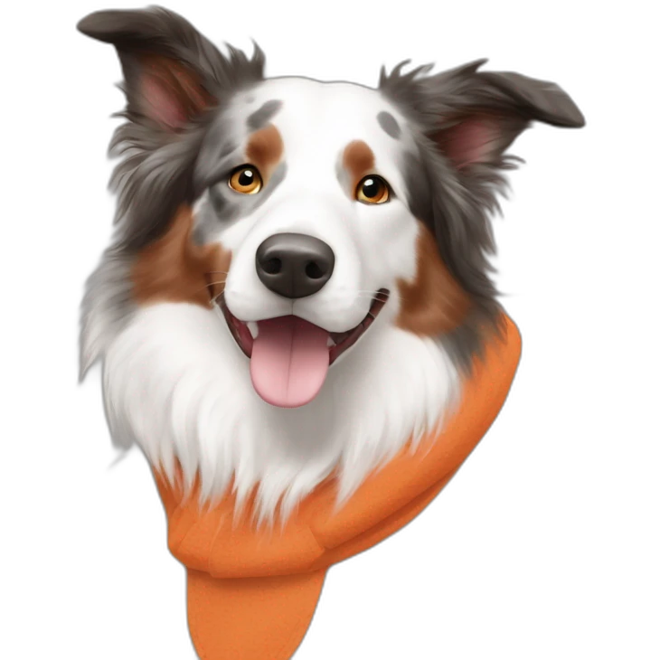 white speckled face red merle border collie in orange wheel chair emoji