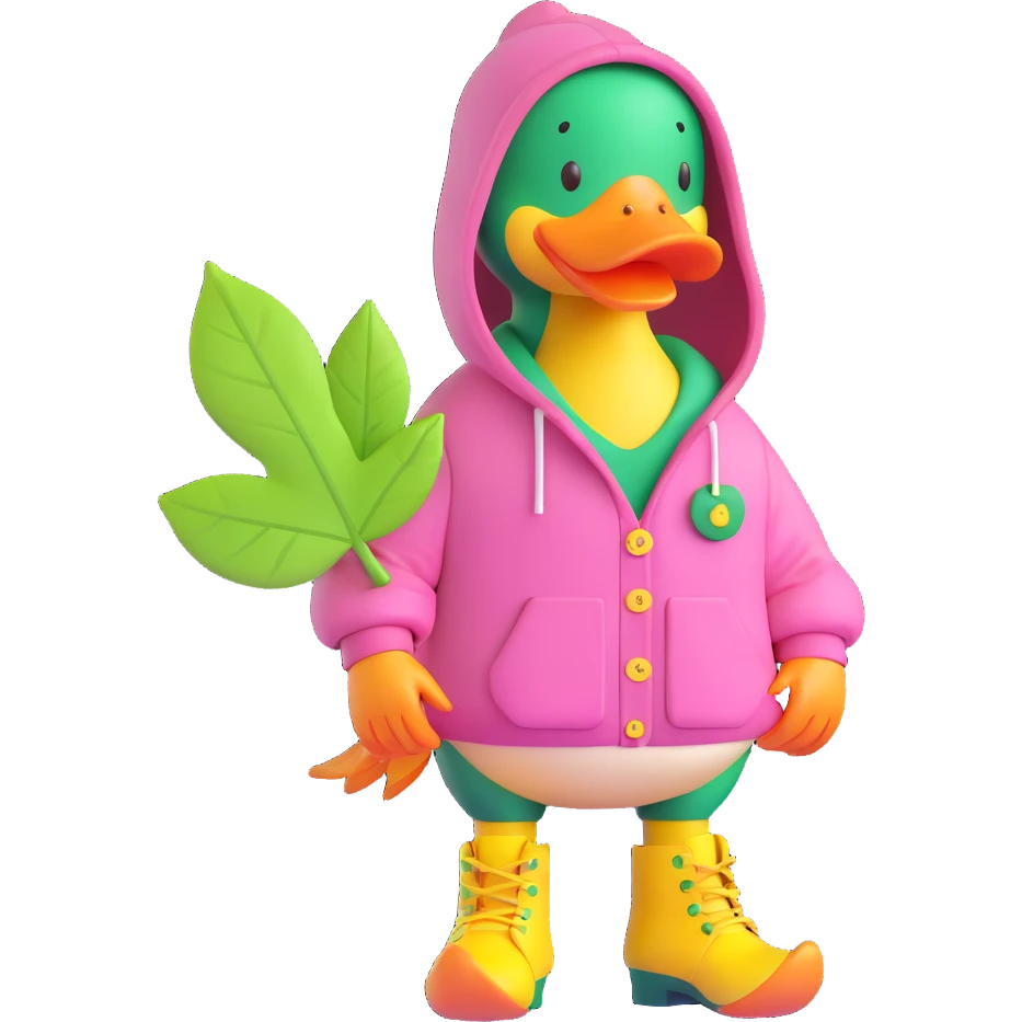 A duck wearing a pink hoodie with green buttons, yellow boots, and a green leaf on its chest. emoji