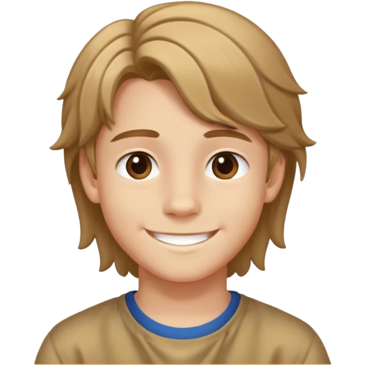 Teen boy with light complexion, brown curtain hair, middle part hairstyle, smiling face, 14 years old emoji