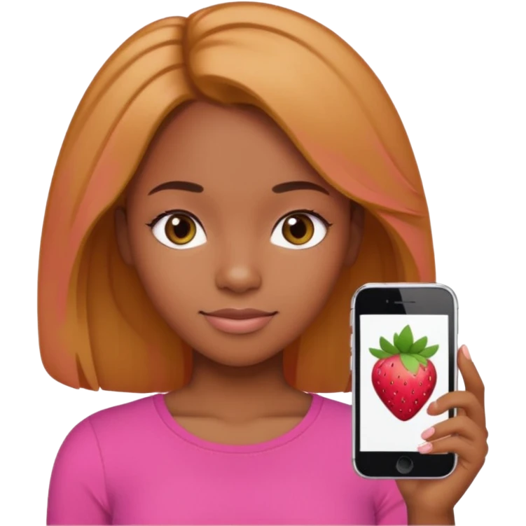 black girl with olive skin, hair blending strawberry blonde and brunette tones to look natural, pink top, slight smile, Apple iPhone emoji style emoji