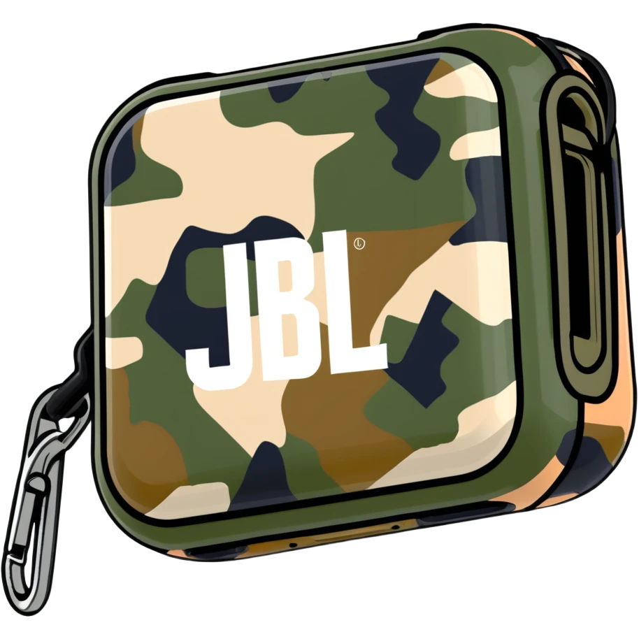 JBL Go Clip 4 portable speaker with camouflage colors and carabiner clip emoji