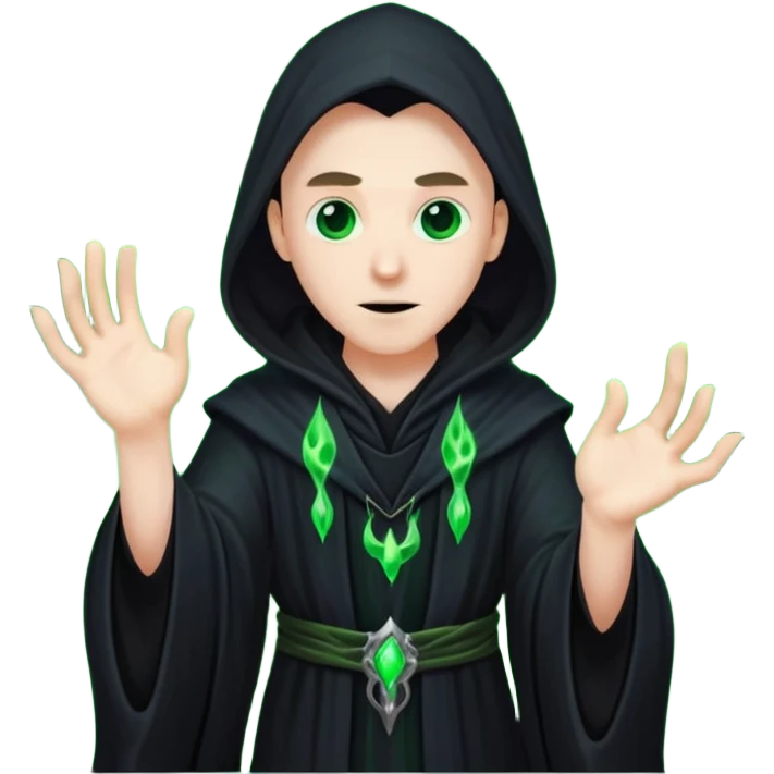 A dark sorcerer in flowing black robes, conjuring eerie green flames emoji