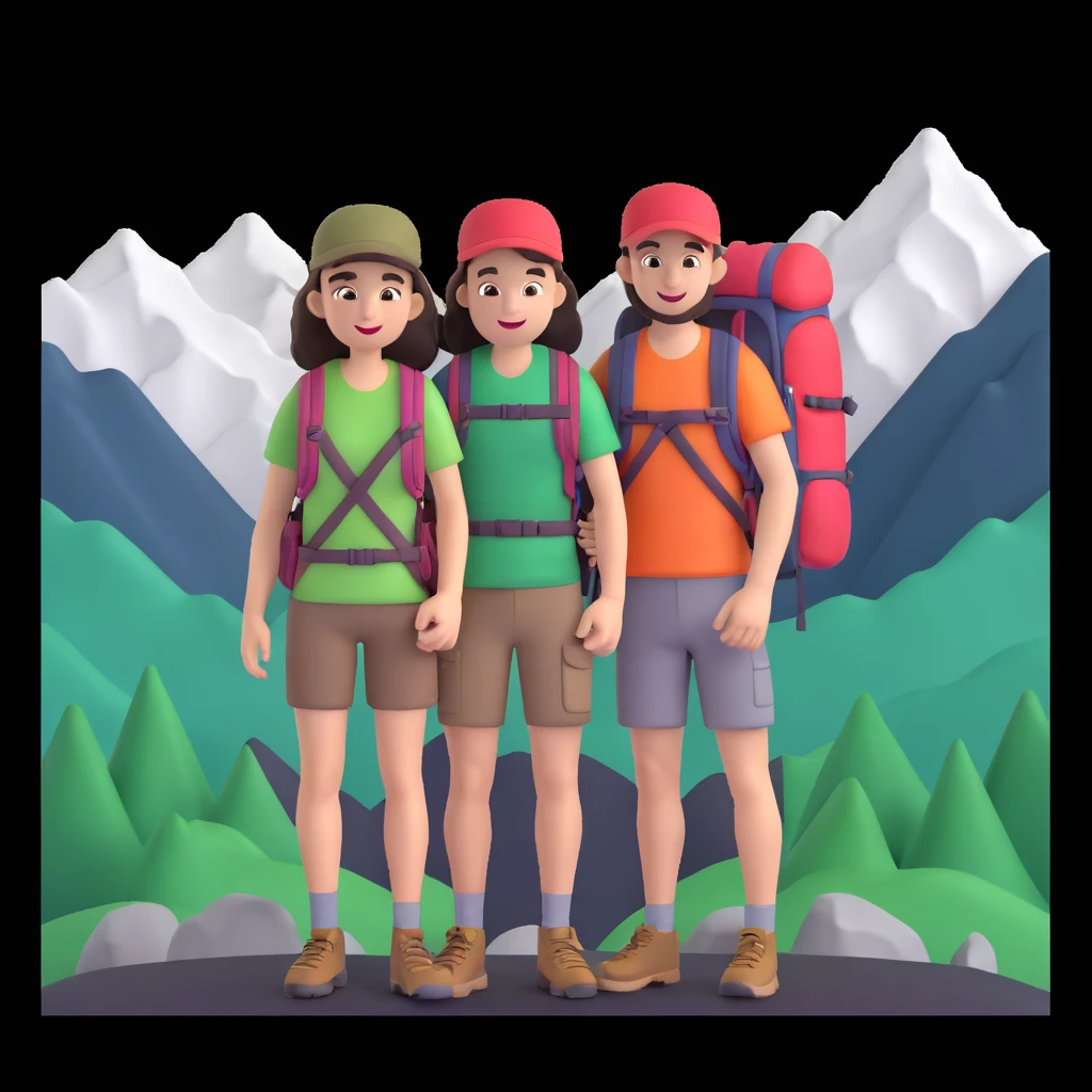 back packer couple posing, mountains in background,   close up pose emoji
