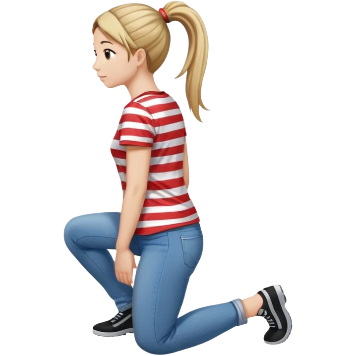 young woman with ponytail wearing jeans and striped t-shirt kneeling viewed from behind emoji