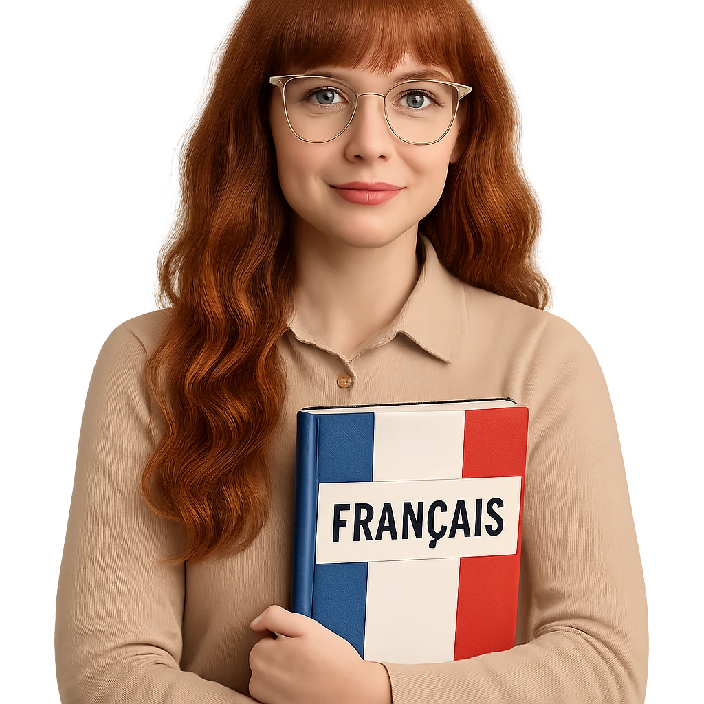 redhead woman with long wavy hair and bangs, cat-eye clear-framed glasses, blue eyes, French teacher, holding a book emoji