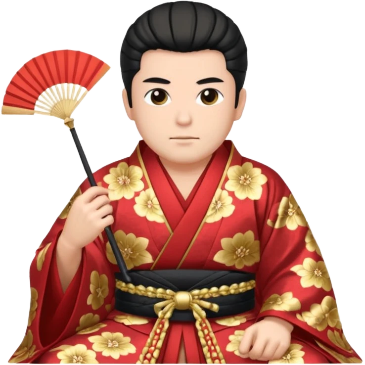 Wealthy warlord in ornate kimono, crest on chest, seated with fan in hand. emoji