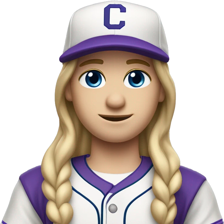 baseball card character. Dirty blonde long straight hair. blue eyes.  letter C logo. Purple and white uniform.  emoji