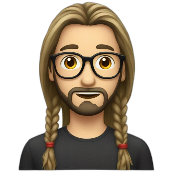 A boy with long tied hair and a beard with elongated glasses with black frames and red lenses emoji