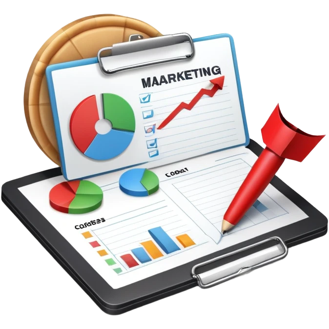 An icon featuring a pie chart, a clipboard with a checklist, and a megaphone, symbolizing management and marketing. The design includes upward-trending graphs and a target with an arrow, representing strategy and success. Transparent background highlights business organization and promotion. emoji