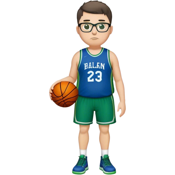 Full Body overweight white male with dark short spike hair basketball player wearing glasses wearing blue green uniform emoji