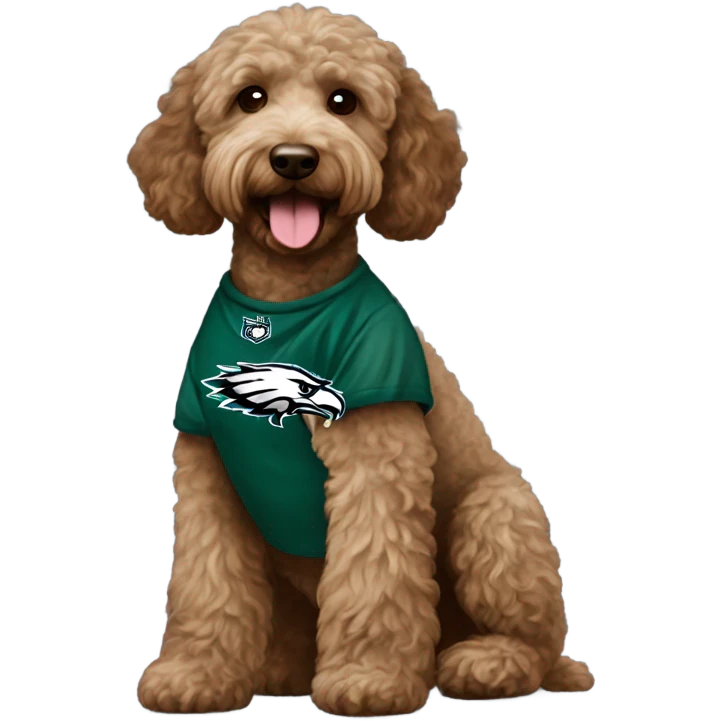  brown Labradoodle wearing a Philadelphia eagles shirt and a heart  emoji