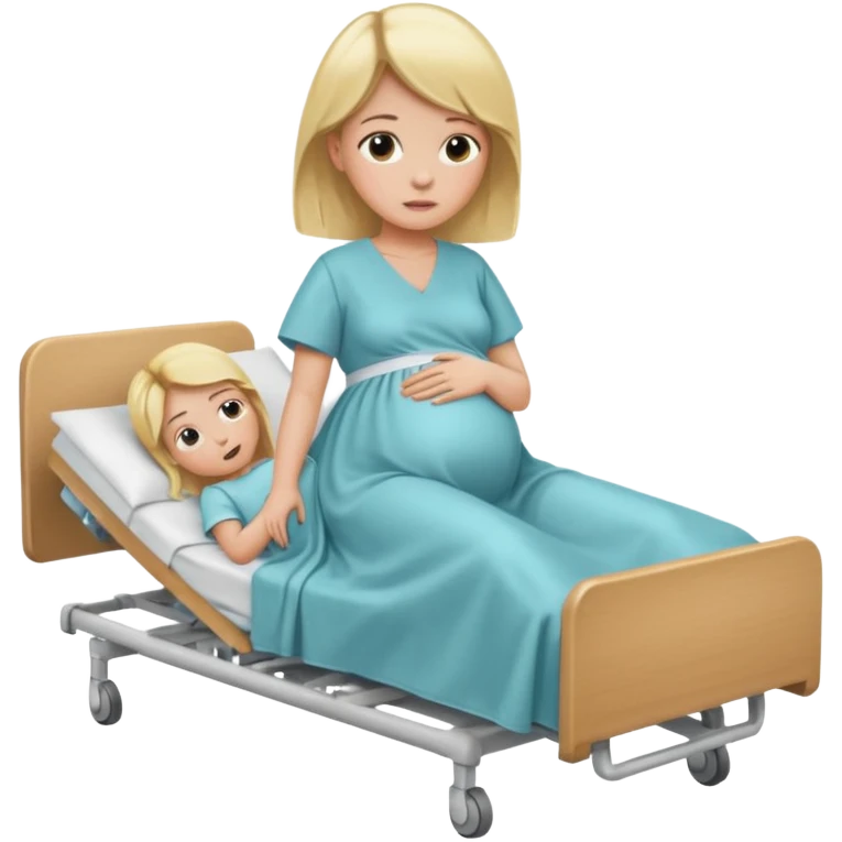 One blonde Pregnant woman in hospital bed with legs elevated unhappy emoji