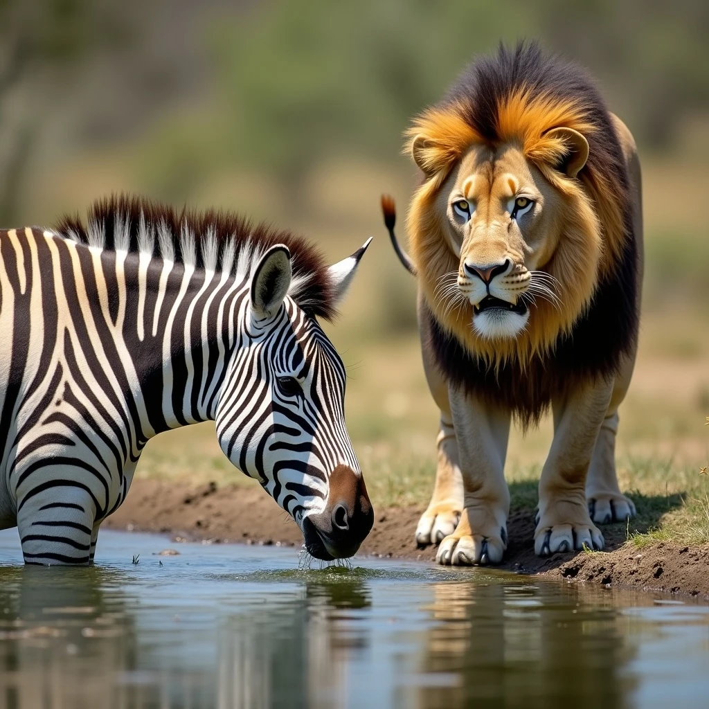 zebra and lion drinking water from pond emoji