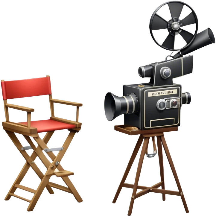 Icon for Directing: a director's chair, a film clapperboard, large movie camera, vintage megaphone and a stage with a spotlight. The icon should represent the creative and organizational aspects of directing, with focus on storytelling, staging, and performance. Transparent background. emoji