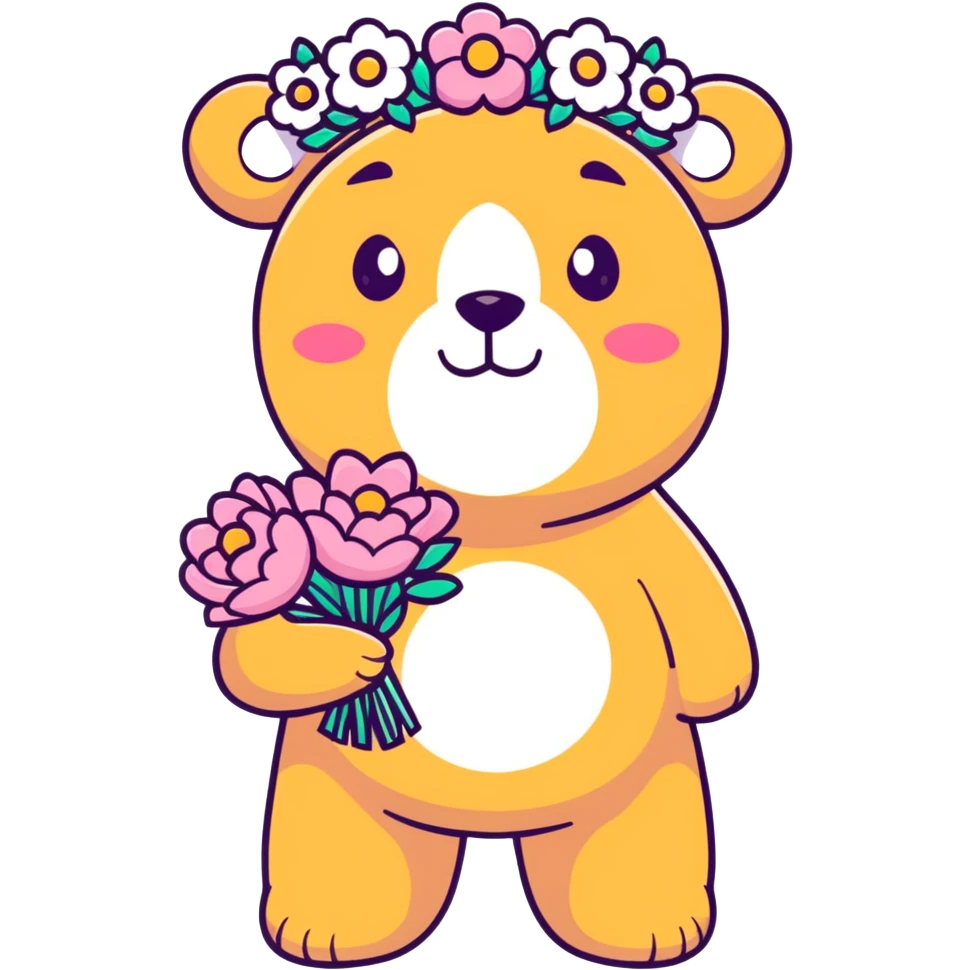bear with a big flower crown, holding a bouquet, May Day festival, bright spring colors emoji