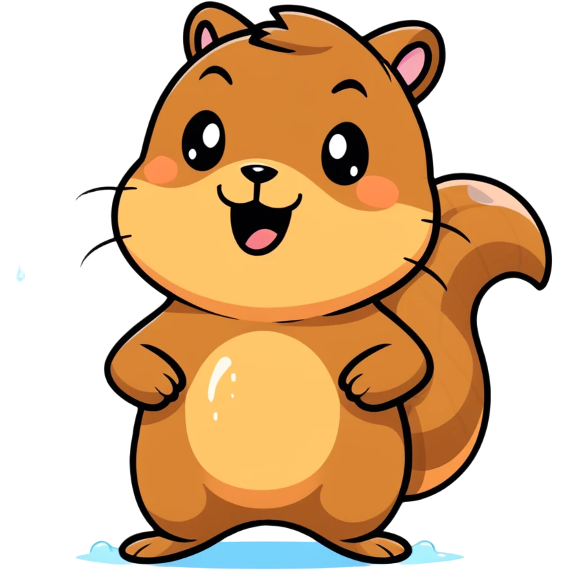 Cartoon squirrel with light brown fur, pointy ears, bushy tail, chubby cheeks with a large puddle of drool dripping from wide open mouth, extremely hungry emoji