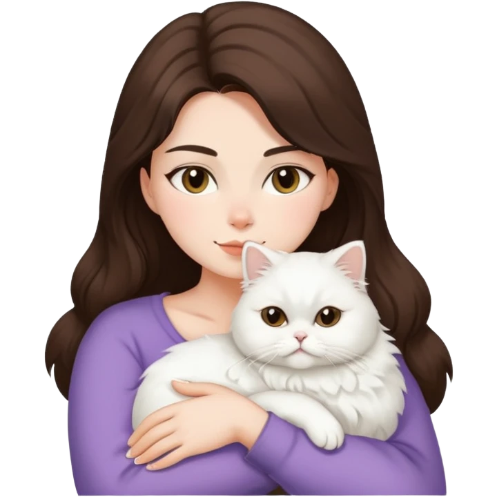 Brunette woman snuggling white Persian cat  emoji