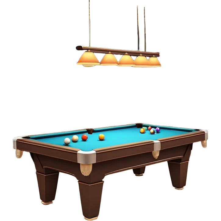 A well-arranged pool table with colorful billiard balls neatly placed, and a cue stick poised to take a shot. The setting is a dimly lit room with a focused atmosphere, highlighting the precision and strategy involved in the game of billiards. emoji