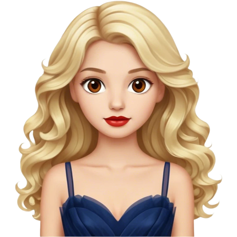 blonde model, brown eyes, long wavy hair, red carpet glam, navy tulle gown emoji