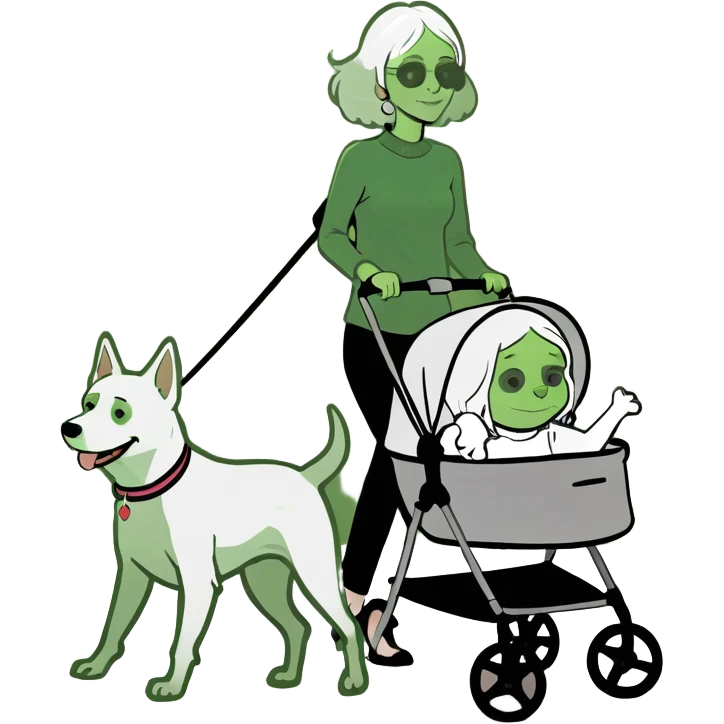 Lady walking white dog in stroller  emoji