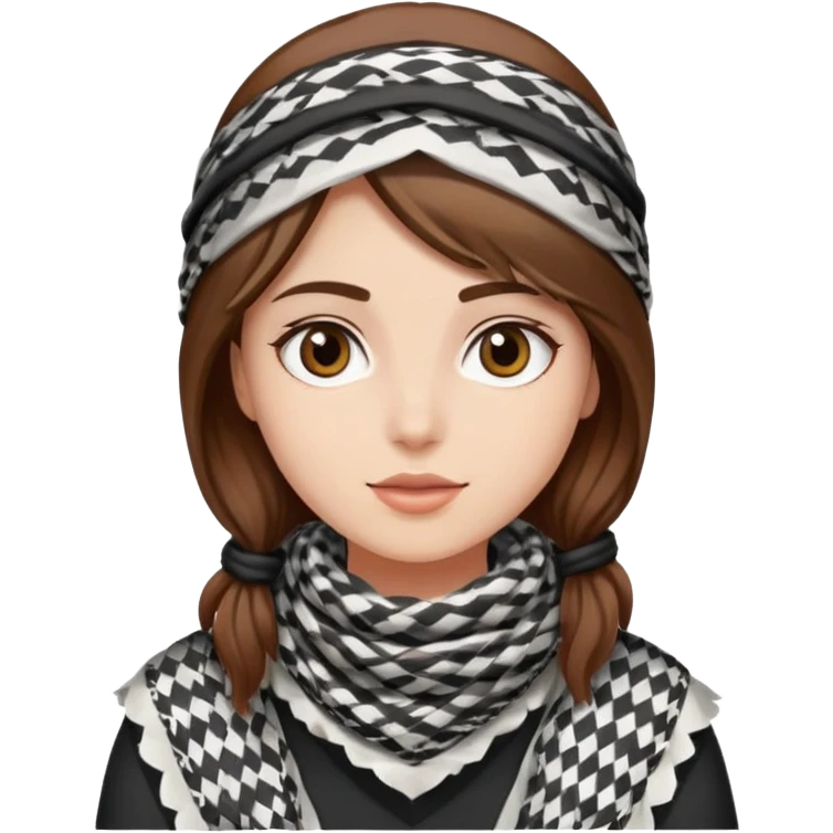 A girl wearing a Palestinian keffiyeh, brown hair, beautiful and fair skinned emoji