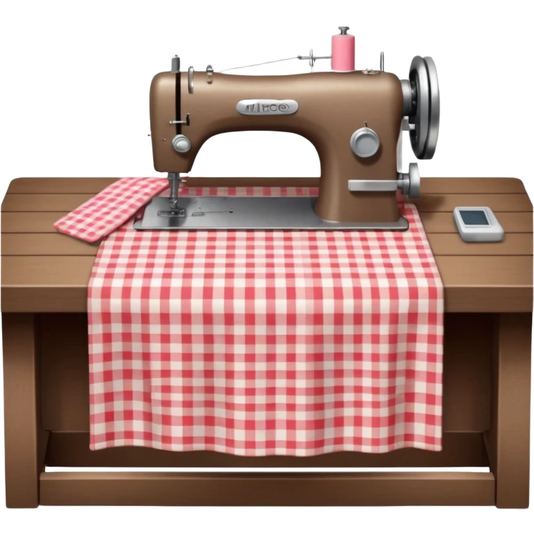 Hyperrealistic, handmade skirt, with a Gingham pattern print, laying across a table, with sowing machine, still life render, mirco-detailed, cottagecore sweet romantic vibe emoji