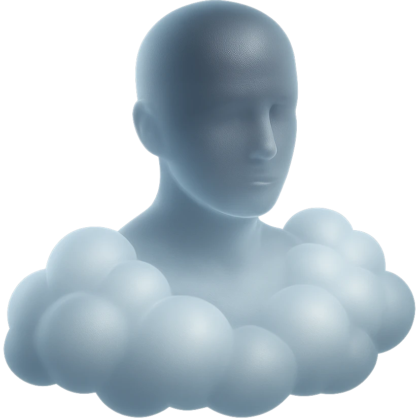person looking straight ahead, shoulders filled with convex white fluffy clouds, matte glass style emoji