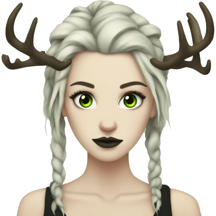 Portrait of a woman with pale skin, green eyes, black dreadlocks, eyeliner, deer antlers, punk, grunge emoji