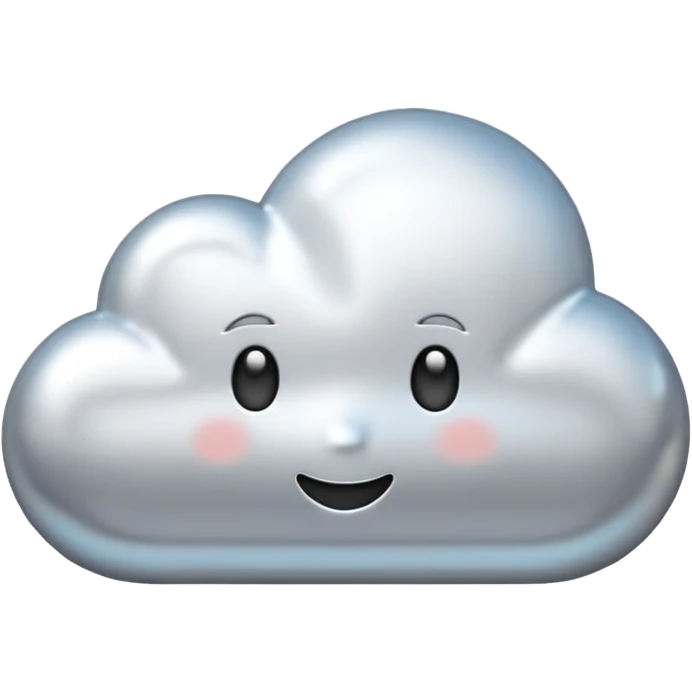 A cute cloud emoji made of silver chrome, smooth rounded shape, glossy metallic surface, soft reflections, minimal and friendly design, iOS emoji style, centered, clean white background, soft lighting emoji