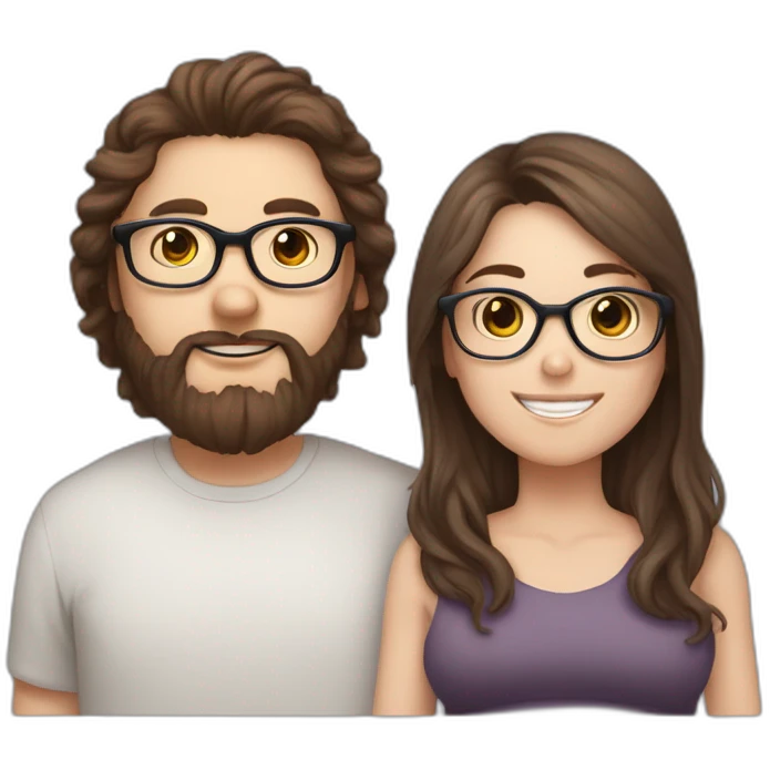 Pregnant girl with half long brown hair with glasses, a boy with long beard, glasses and short hair and english sheepdog emoji
